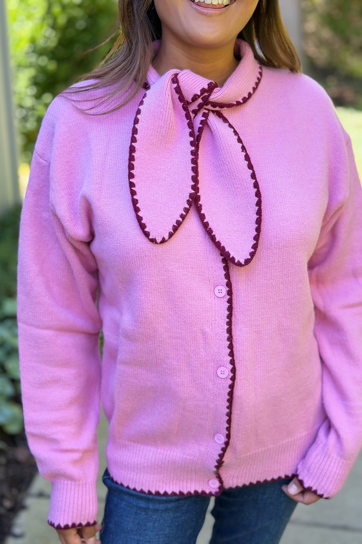 Tie Neck Sweater Cardigan - Pink