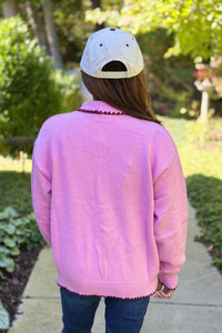 Tie Neck Sweater Cardigan - Pink