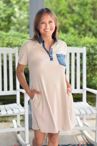 Ribbed Knit Denim Collar Polo Dress