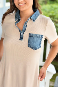 Ribbed Knit Denim Collar Polo Dress