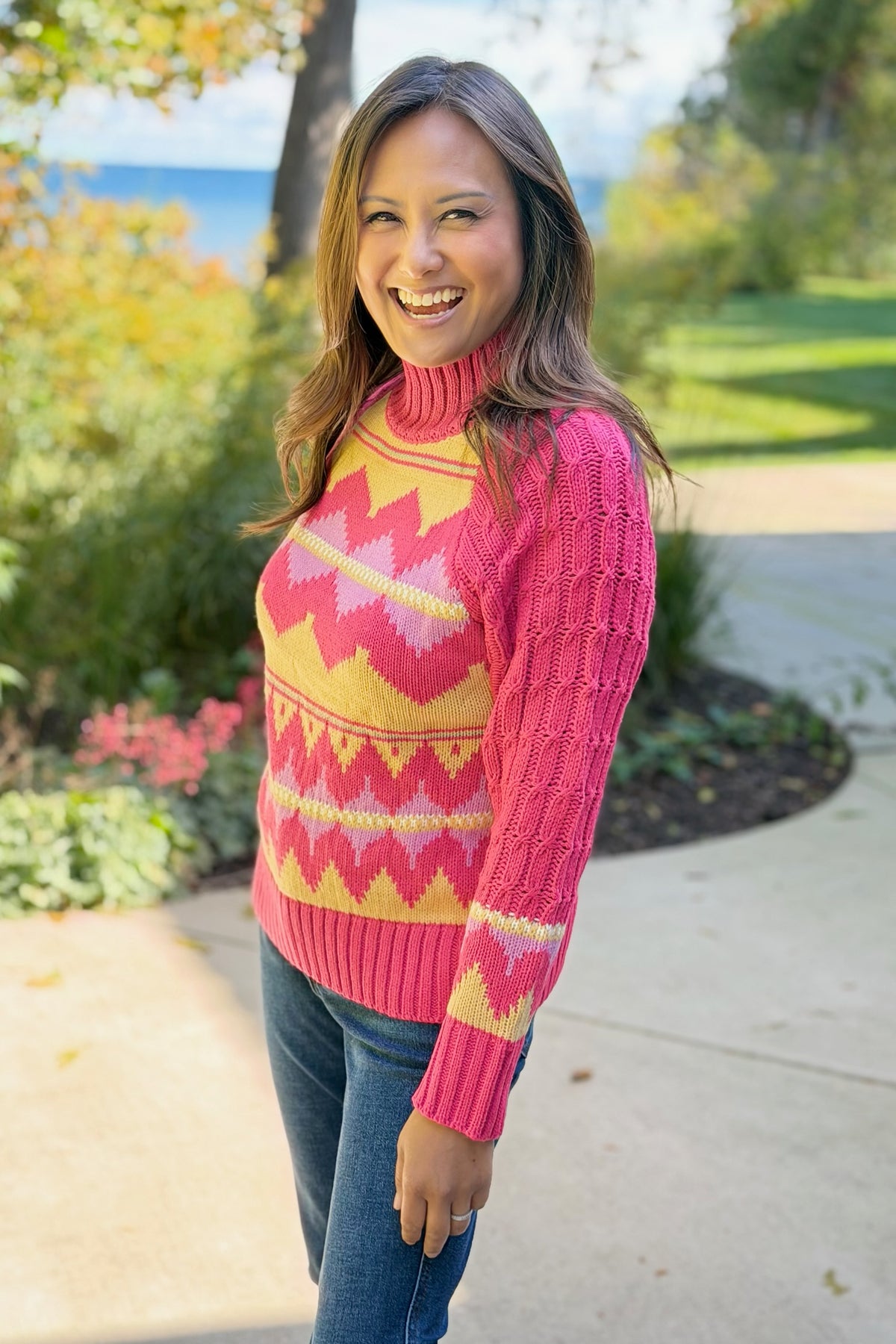 Fair Isle Turtleneck Sweater - Peach