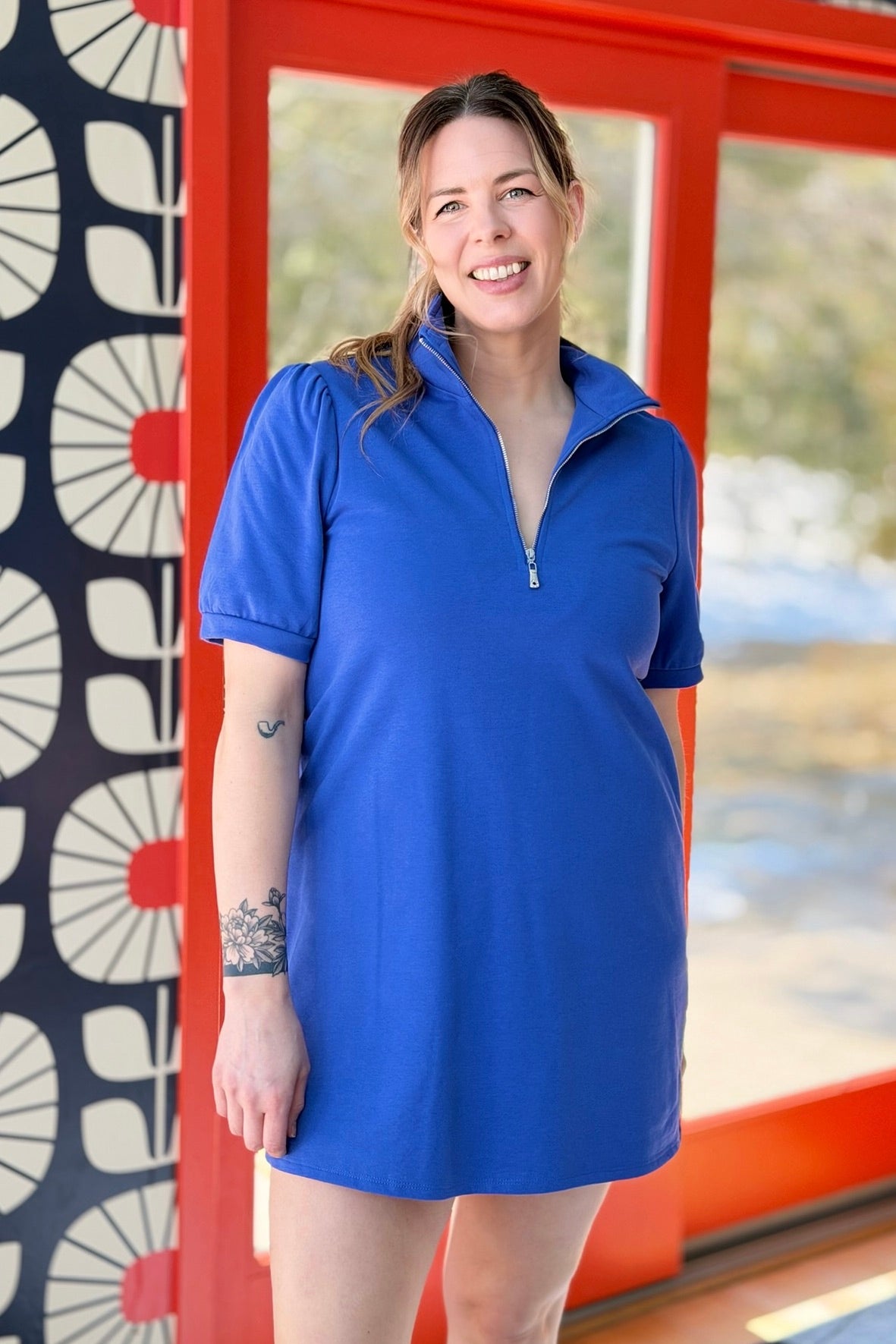 Half Zip Collared Shirt Dress - Blue