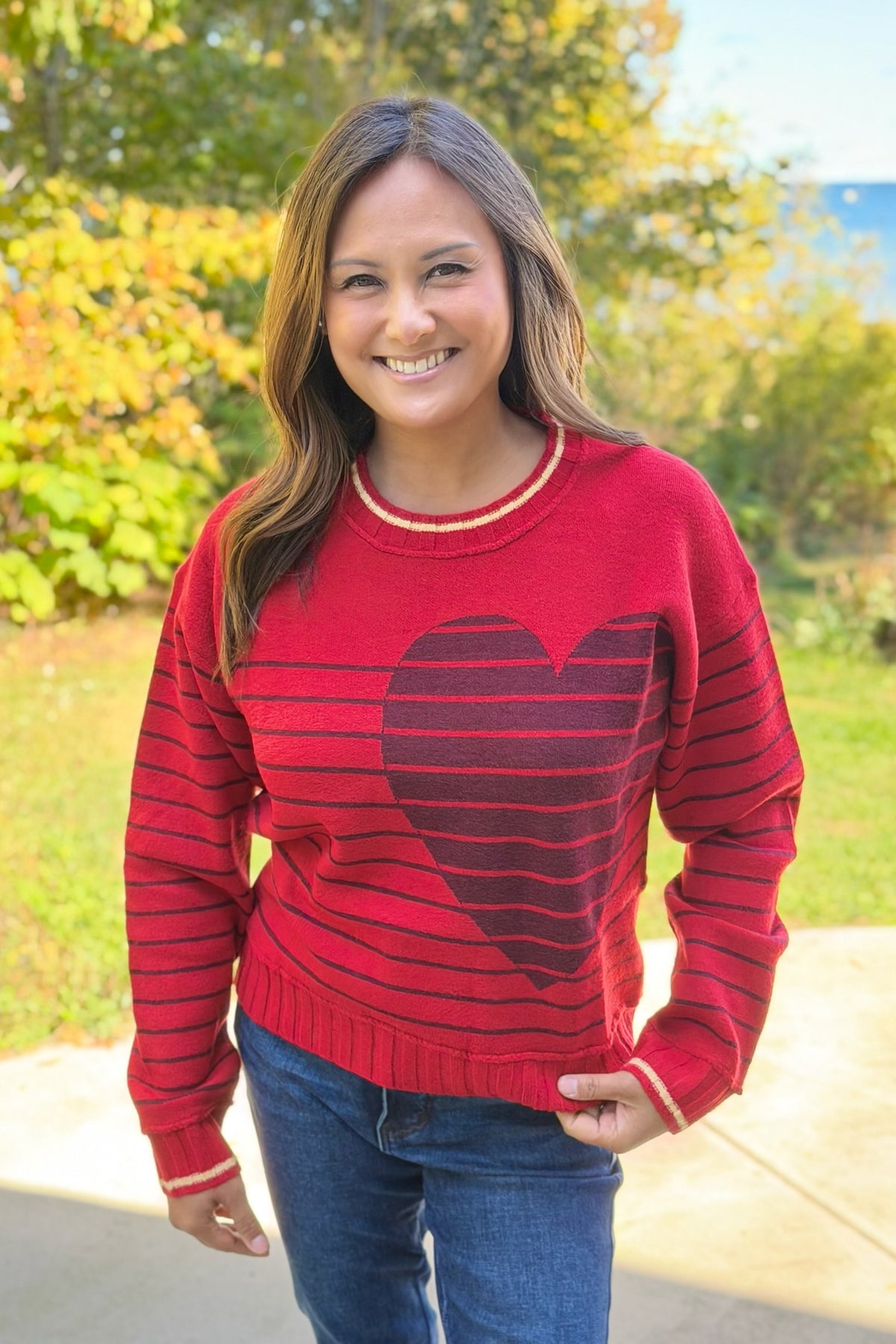 Heart Striped Sweater - Red