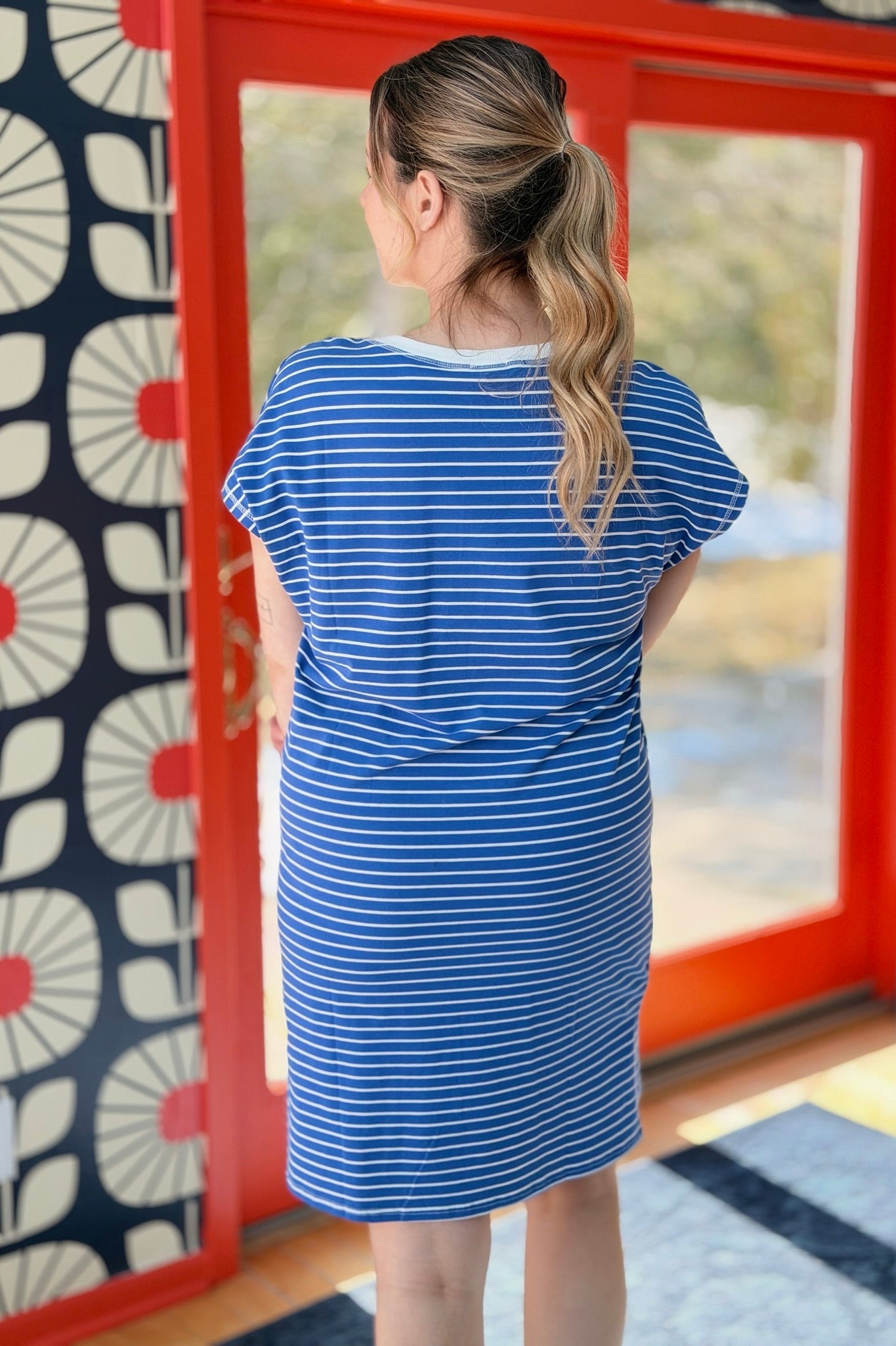 Side Slit Striped T Shirt Dress - Royal