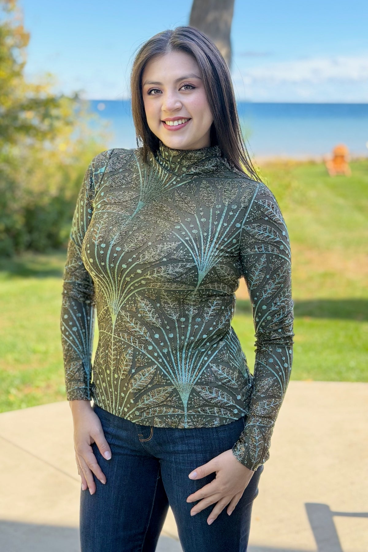 Metallic Mock Neck Top - Olive