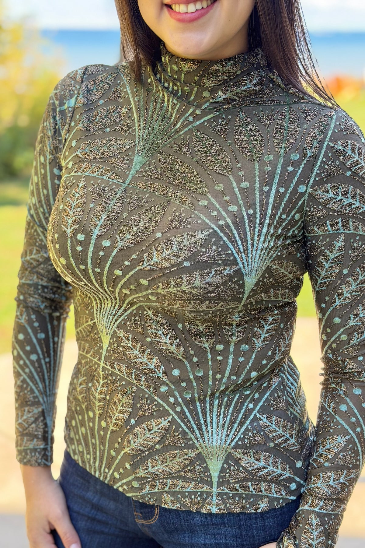Metallic Mock Neck Top - Olive