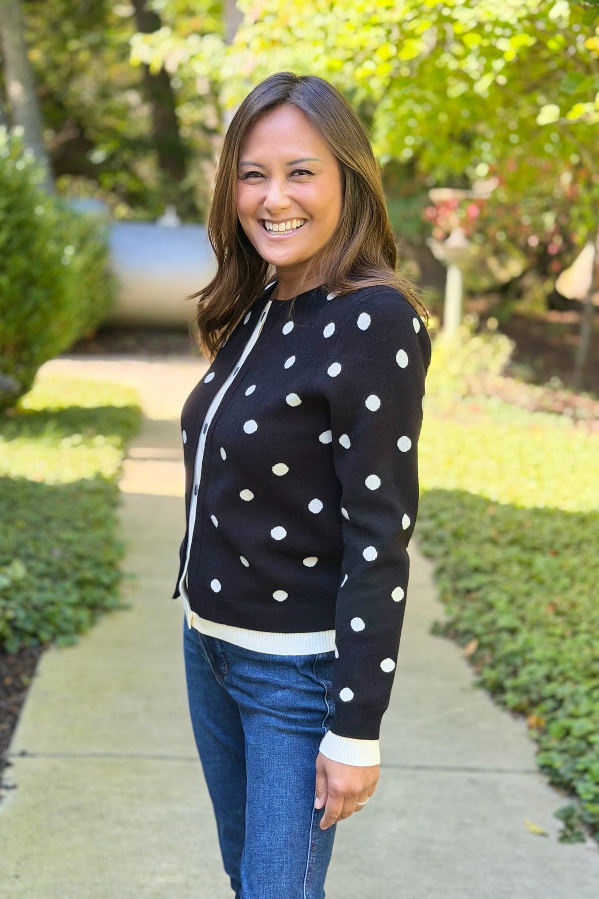 Polka Dot Contrast Cardigan - Black