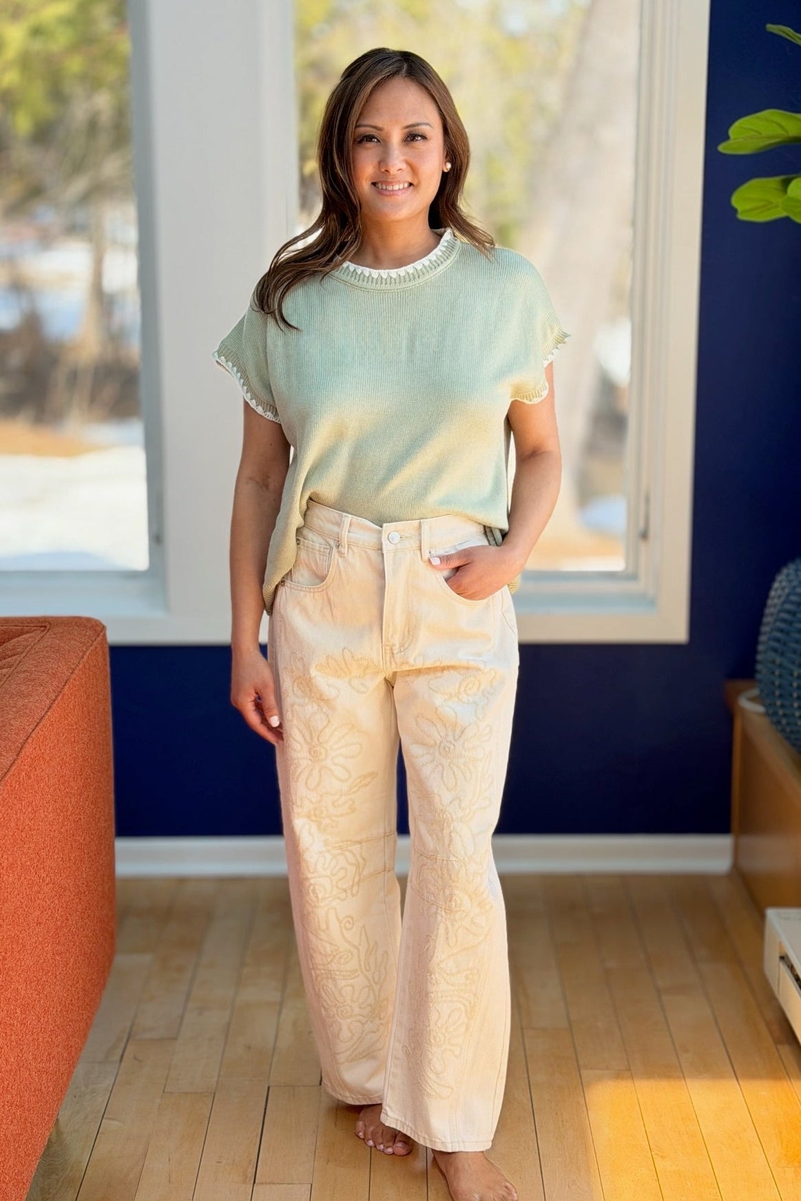 Embroidered Cotton Barrel Pants - Beige