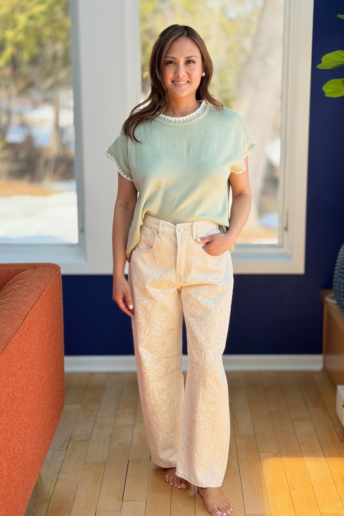 Crochet Contrast Knit Sweater Top - Green