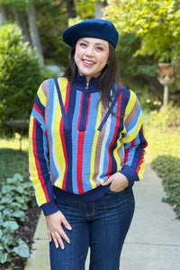 Zip Neck Stripe Sweater - Navy