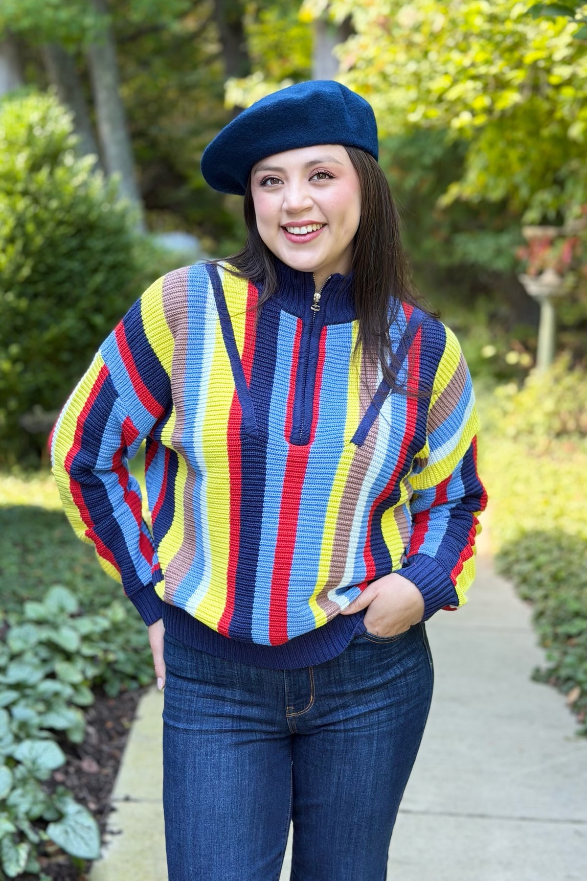 Zip Neck Stripe Sweater - Navy