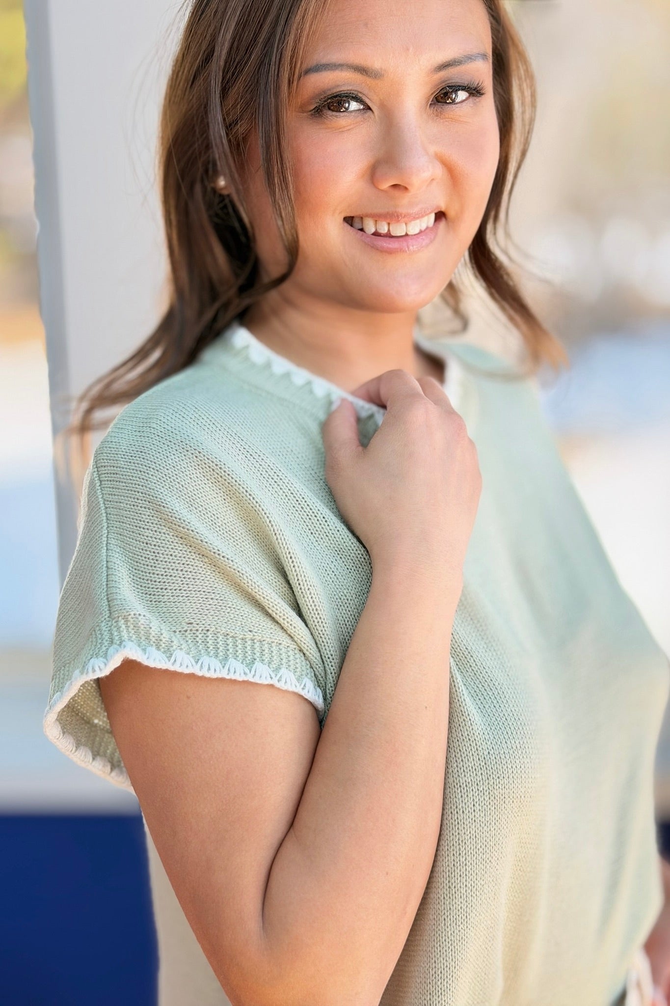 Crochet Contrast Knit Sweater Top - Green
