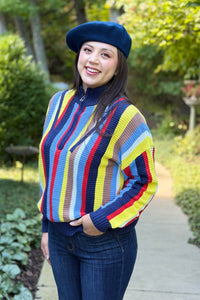 Zip Neck Stripe Sweater - Navy