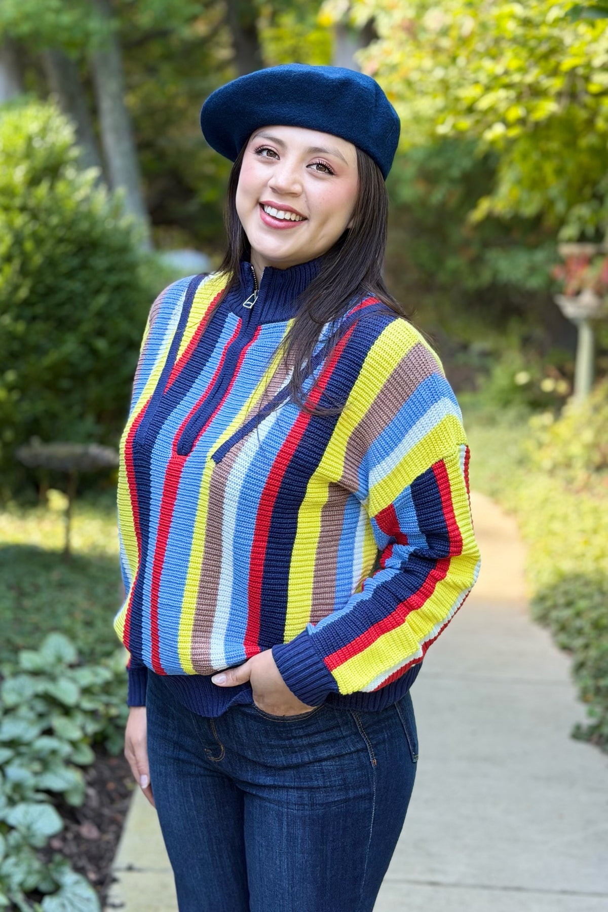Zip Neck Stripe Sweater - Navy