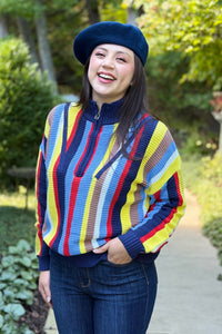 Zip Neck Stripe Sweater - Navy