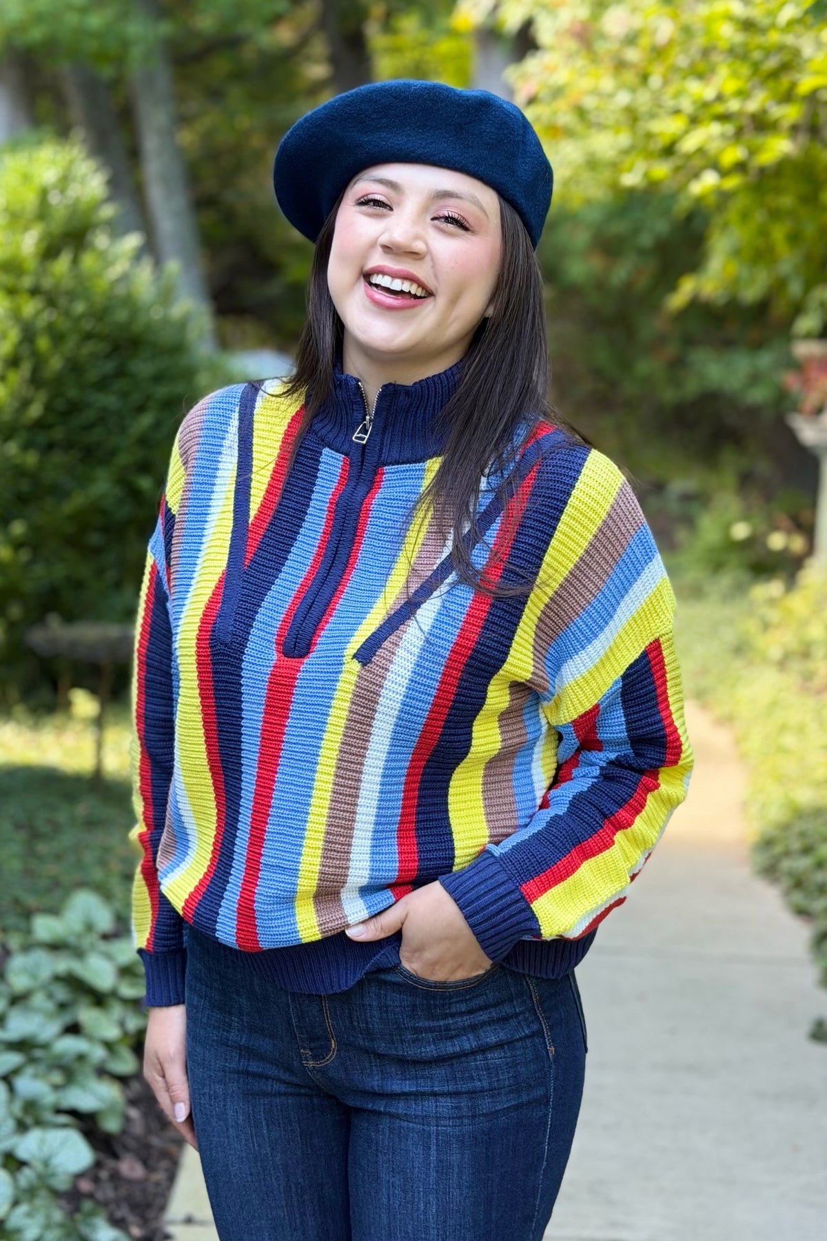 Zip Neck Stripe Sweater - Navy