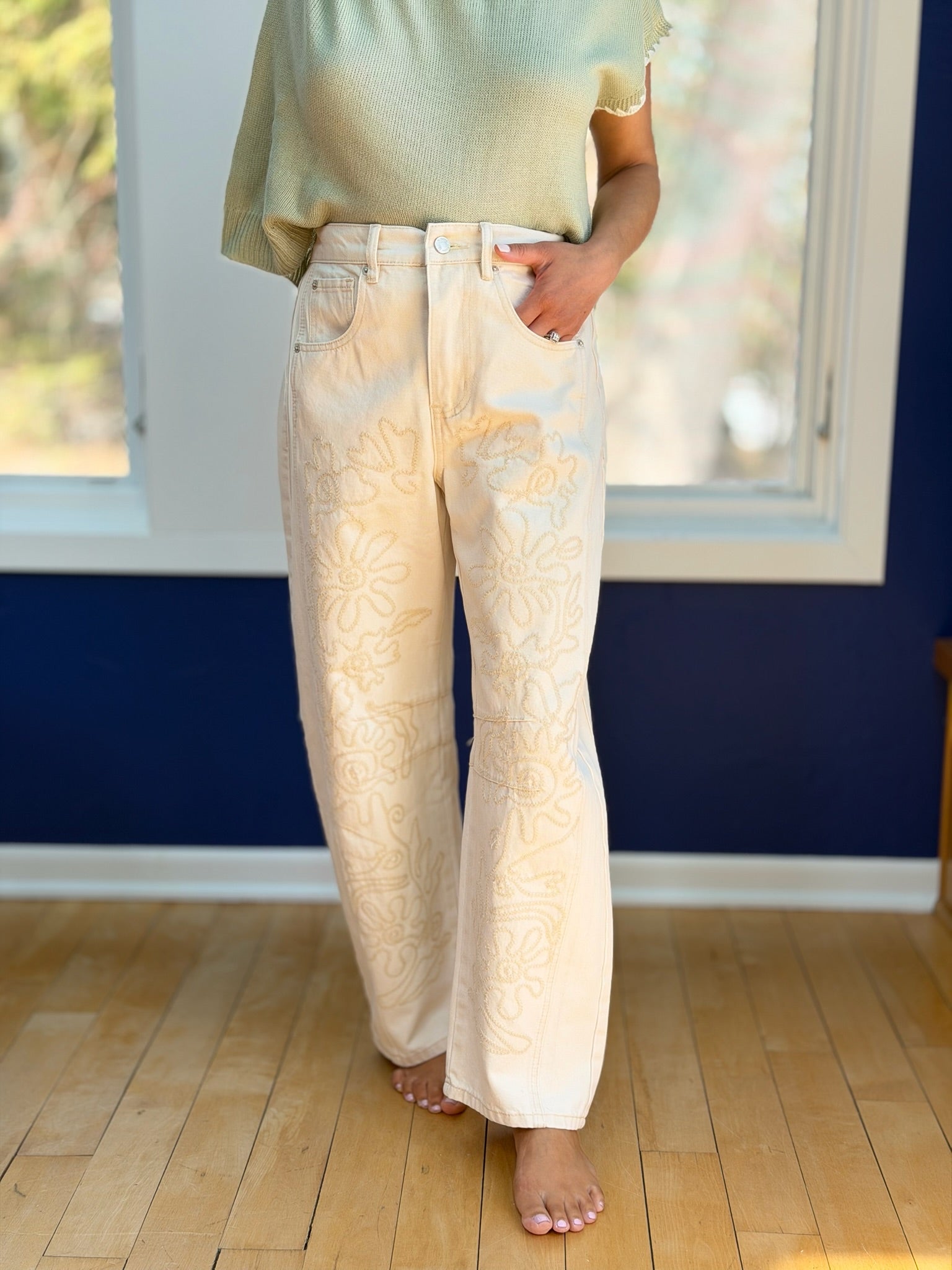 Embroidered Cotton Barrel Pants - Beige