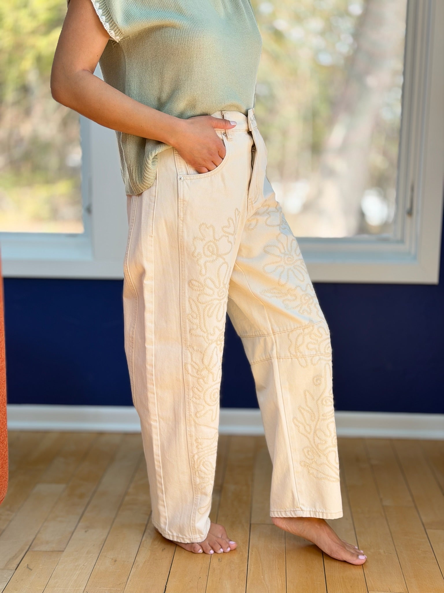 Embroidered Cotton Barrel Pants - Beige