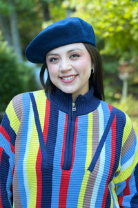 Zip Neck Stripe Sweater - Navy