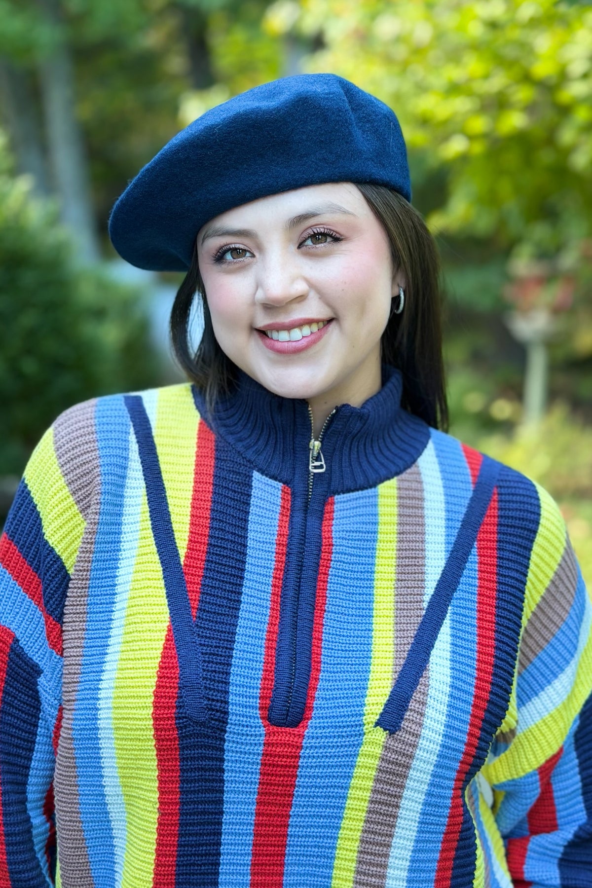 Zip Neck Stripe Sweater - Navy