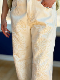 Embroidered Cotton Barrel Pants - Beige