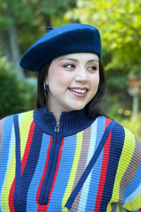 Zip Neck Stripe Sweater - Navy