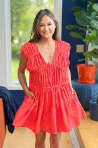 Tiered Cap Sleeve Dress - Red