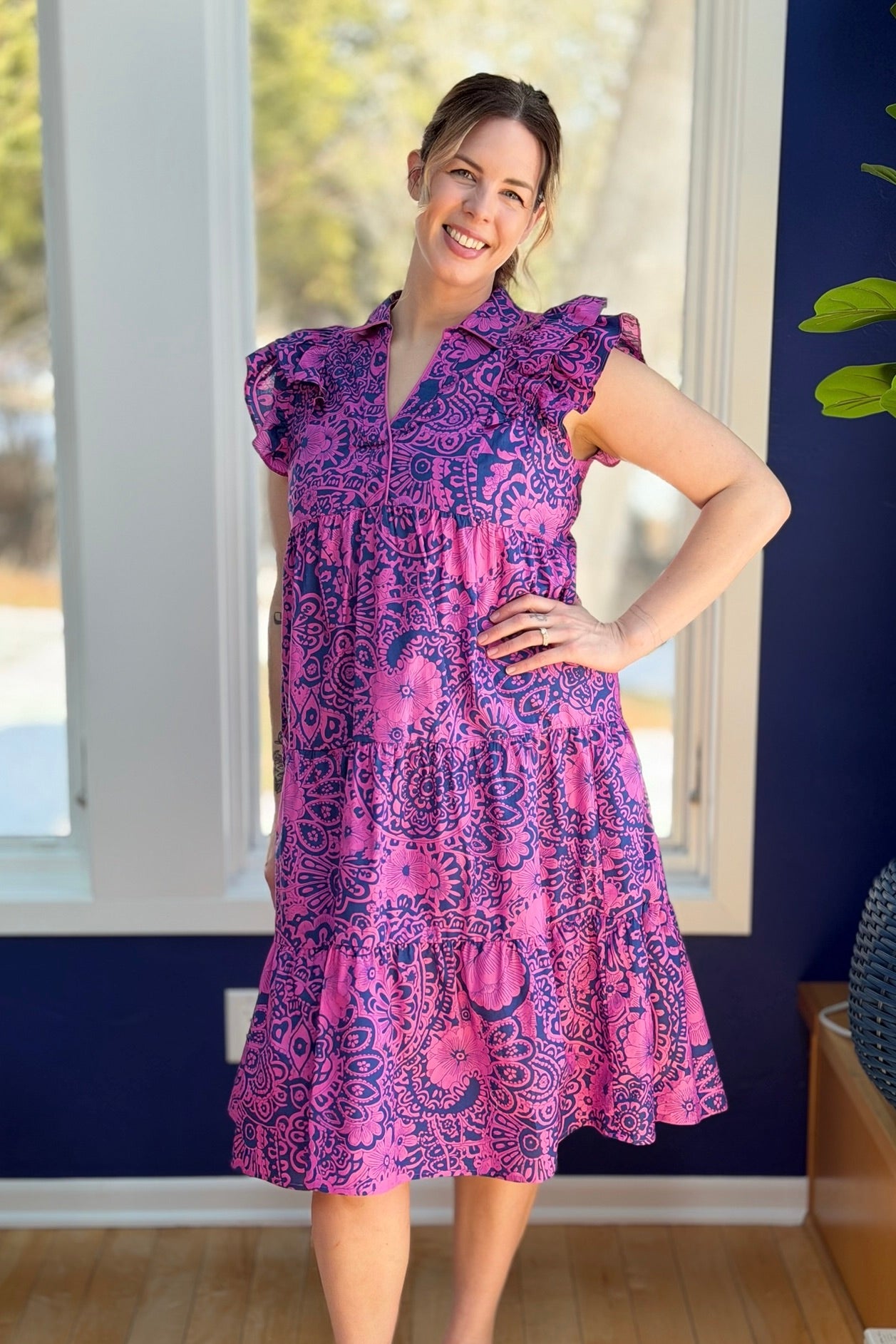 Two Tone Paisley Midi Dress - Navy