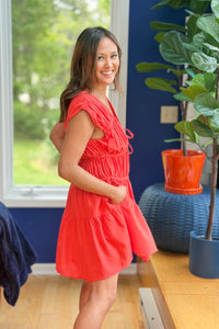 Tiered Cap Sleeve Dress - Red