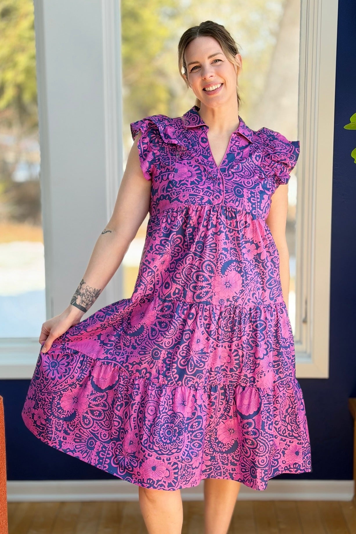 Two Tone Paisley Midi Dress - Navy