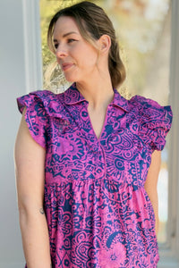 Two Tone Paisley Midi Dress - Navy