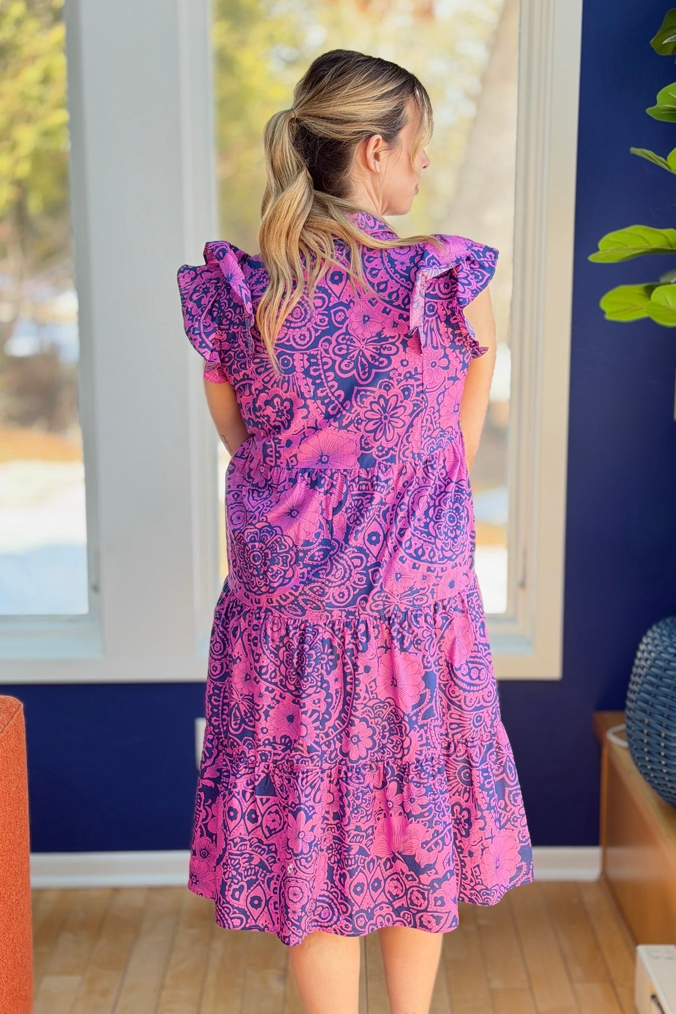 Two Tone Paisley Midi Dress - Navy
