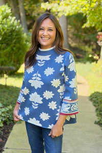 Floral Boarder Jacquard Mock Neck - Blue