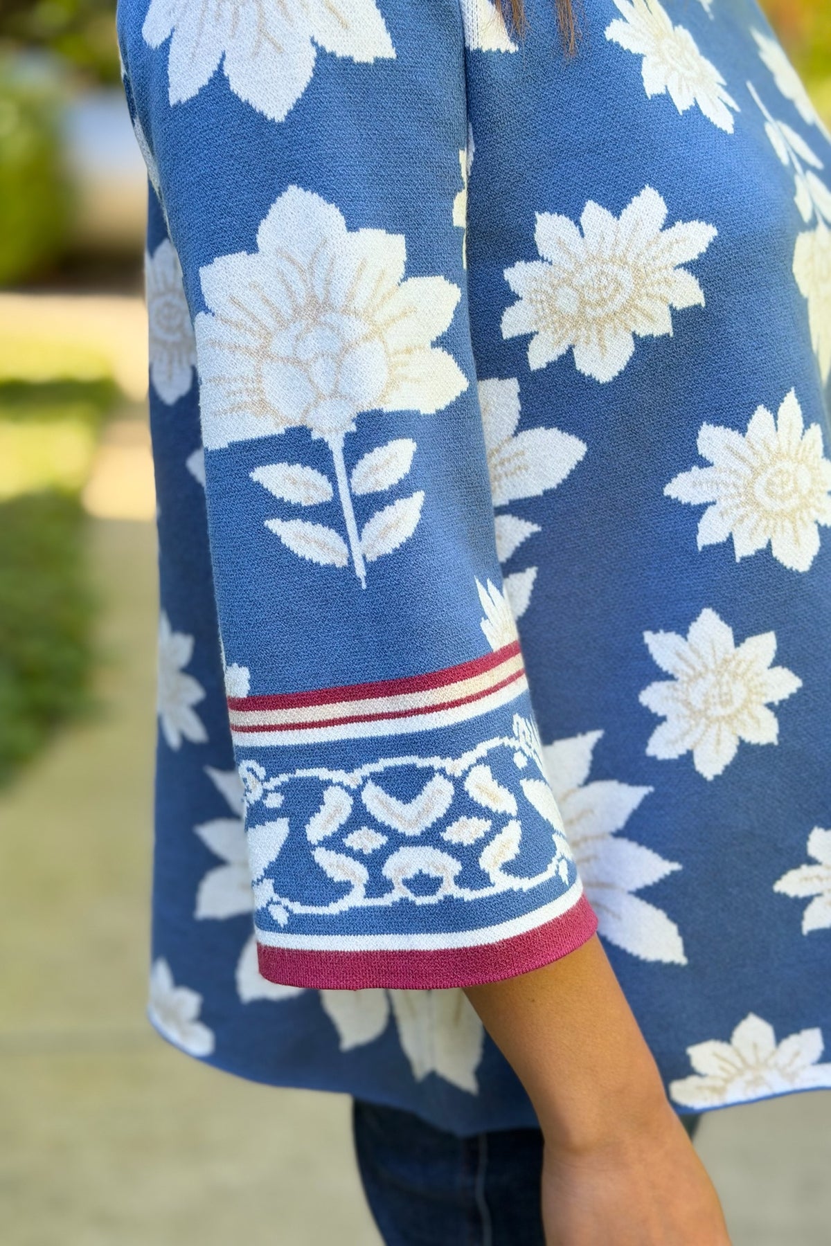 Floral Boarder Jacquard Mock Neck - Blue