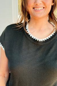 Crochet Contrast Knit Sweater Top - Black