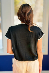 Crochet Contrast Knit Sweater Top - Black