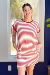 Cinch Waist Striped Knit Dress - Red