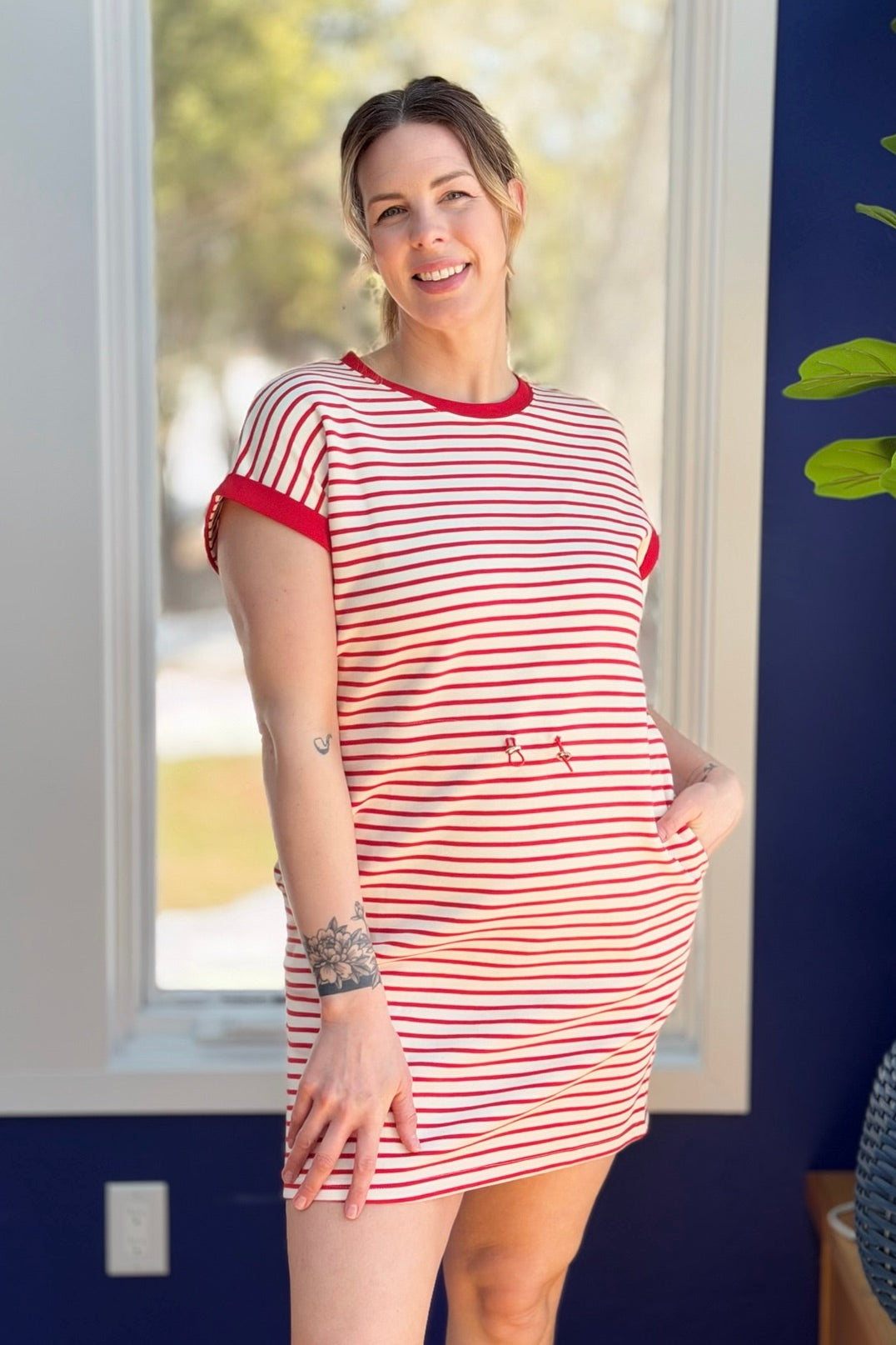 Cinch Waist Striped Knit Dress - Red