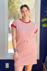 Cinch Waist Striped Knit Dress - Red