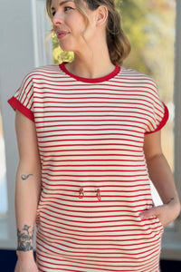 Cinch Waist Striped Knit Dress - Red