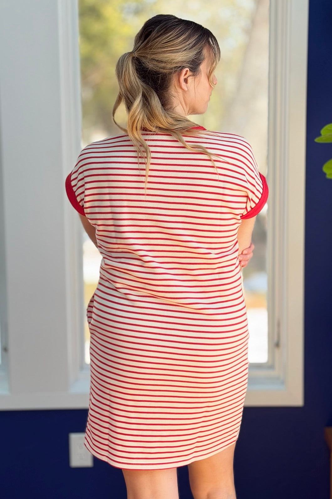 Cinch Waist Striped Knit Dress - Red