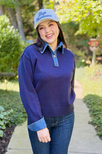 Collared Denim Sweater - Navy