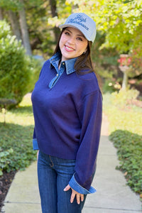 Collared Denim Sweater - Navy