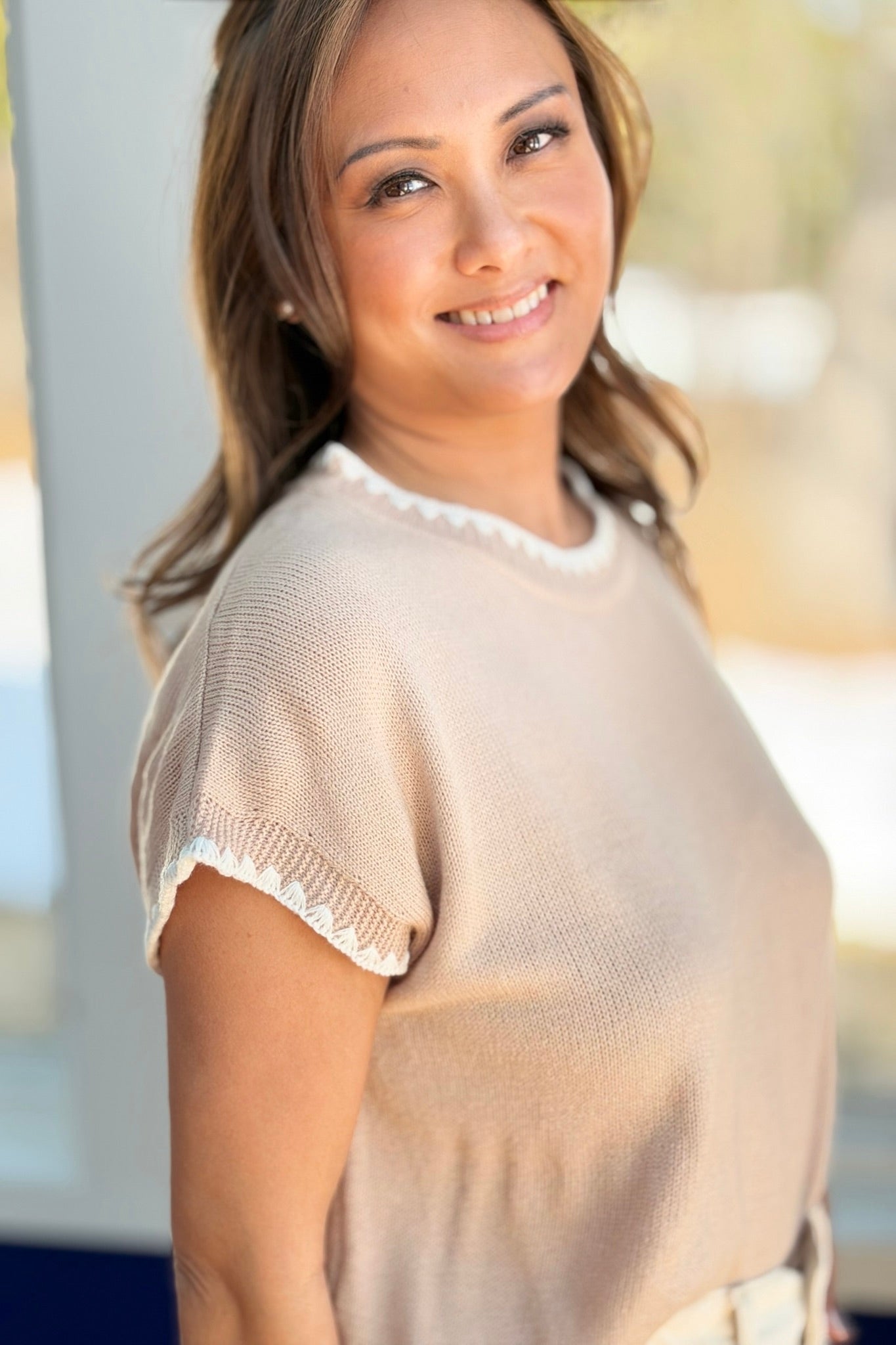 Crochet Contrast Knit Sweater Top - Khaki