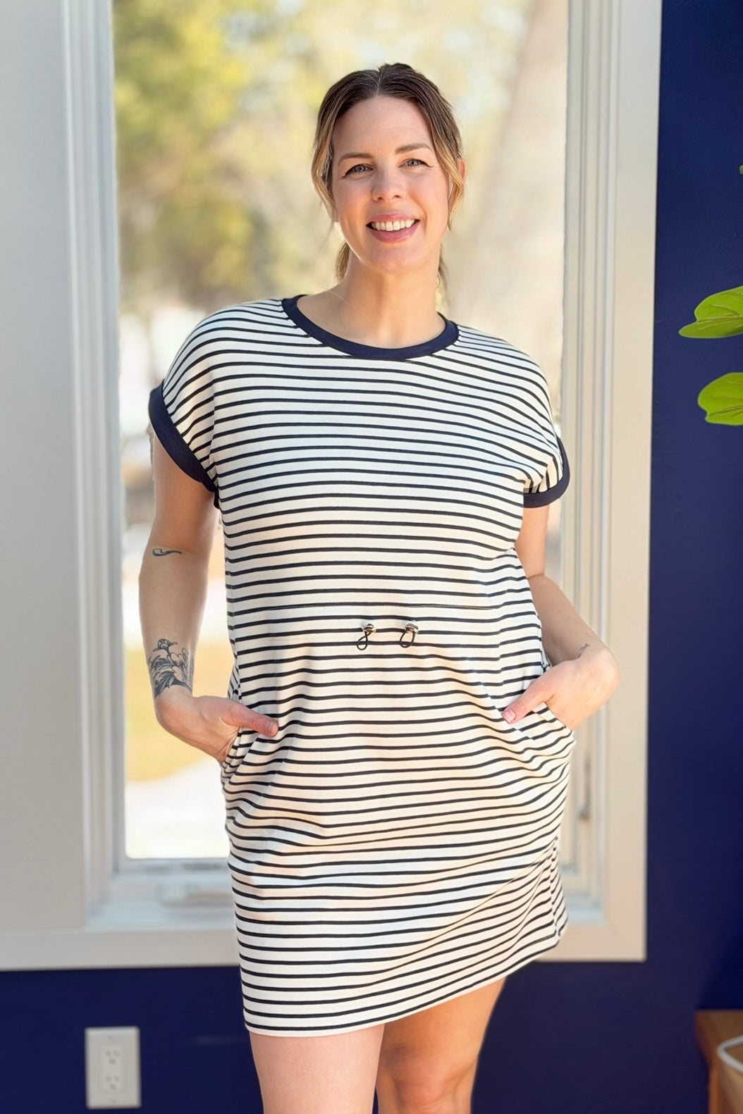 Cinch Waist Striped Knit Dress - Navy