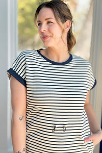 Cinch Waist Striped Knit Dress - Navy