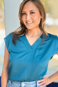 V Neck Satin Blouse - Teal