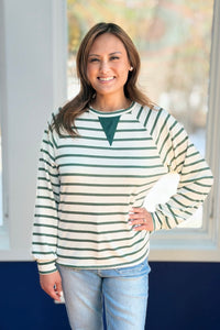 Striped Ribbed Insert Pullover - Green