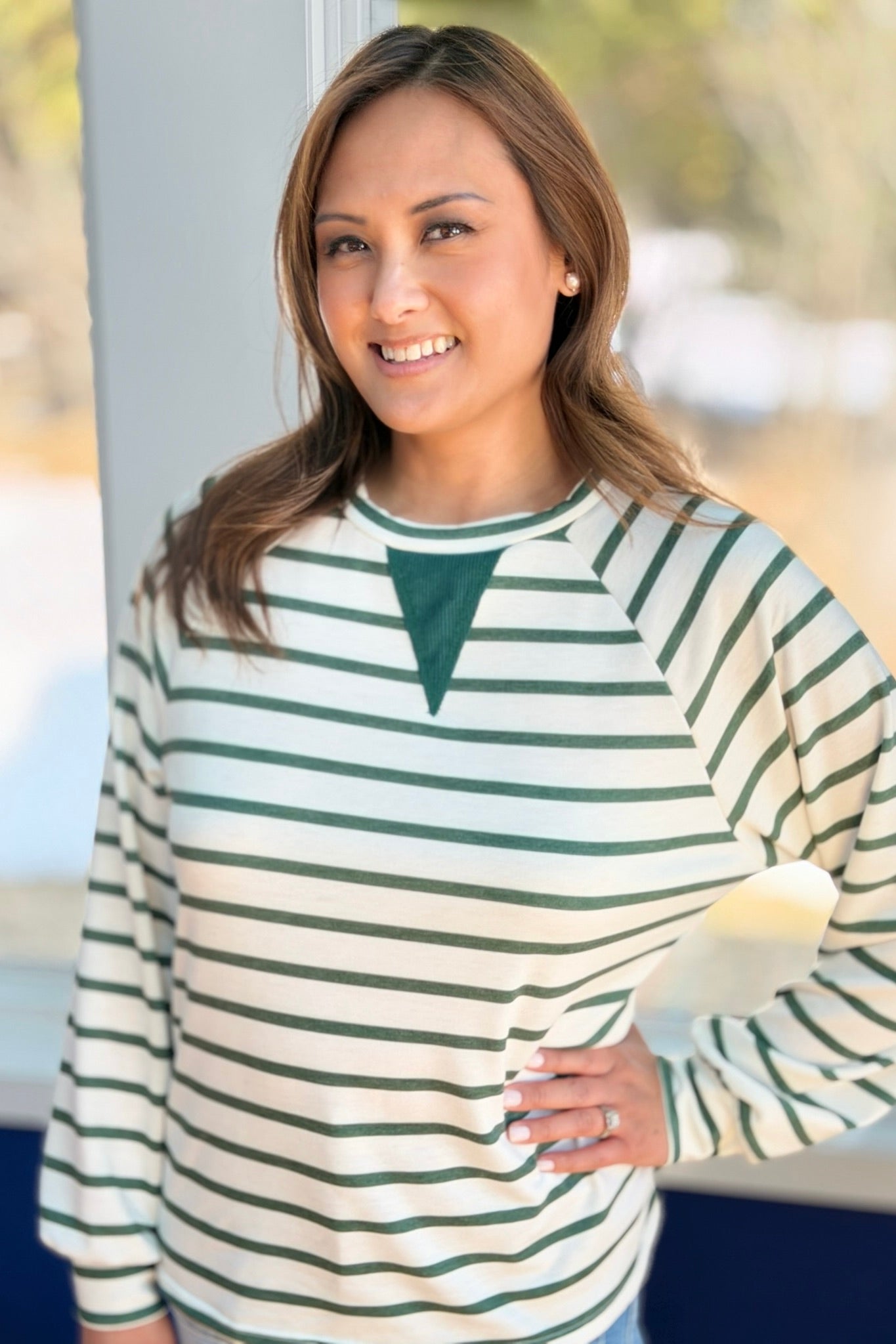 Striped Ribbed Insert Pullover - Green
