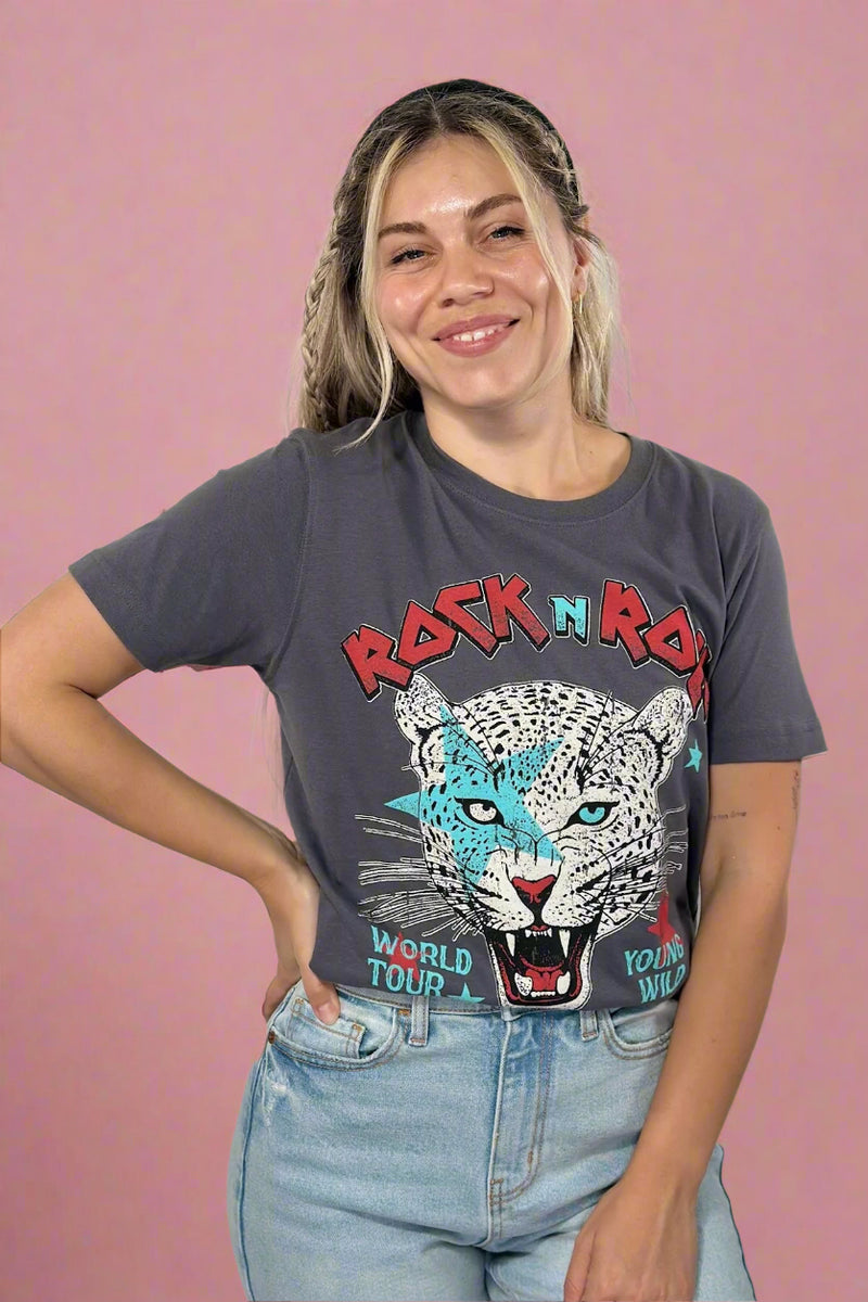 Rock N Roll Leopard Tour Top - Charcoal